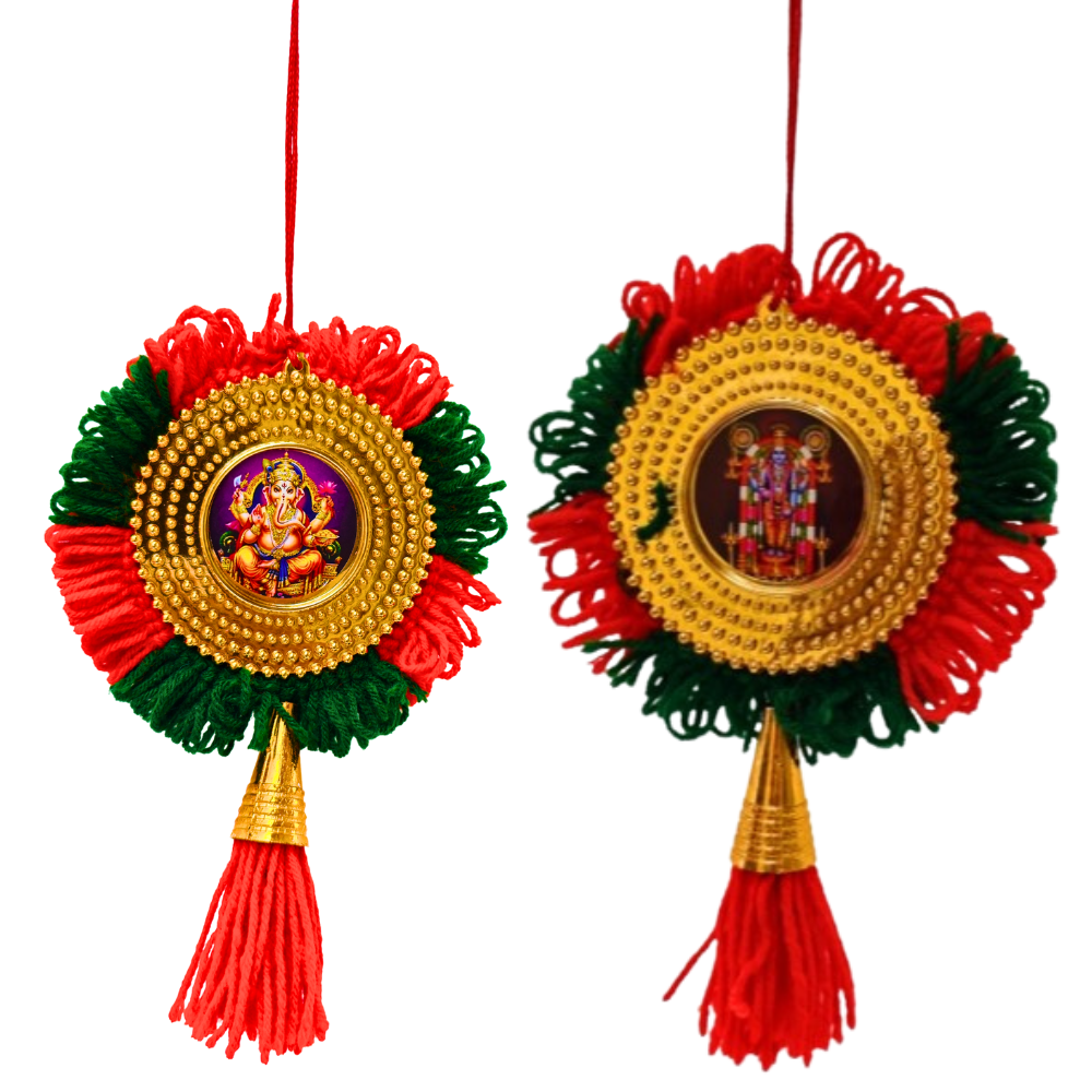 Double-Sided Car Hanging Nettipattom with Sree Ganesha & Sree Guruvayoorappan | Handcrafted Kerala Rearview Mirror Charm