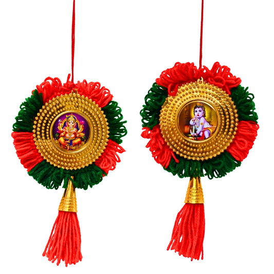 Double-Sided Car Hanging Nettipattom with Sree Ganesha & Sree Krishna | Handcrafted Rearview Mirror Charm – Kerala-Inspired Décor