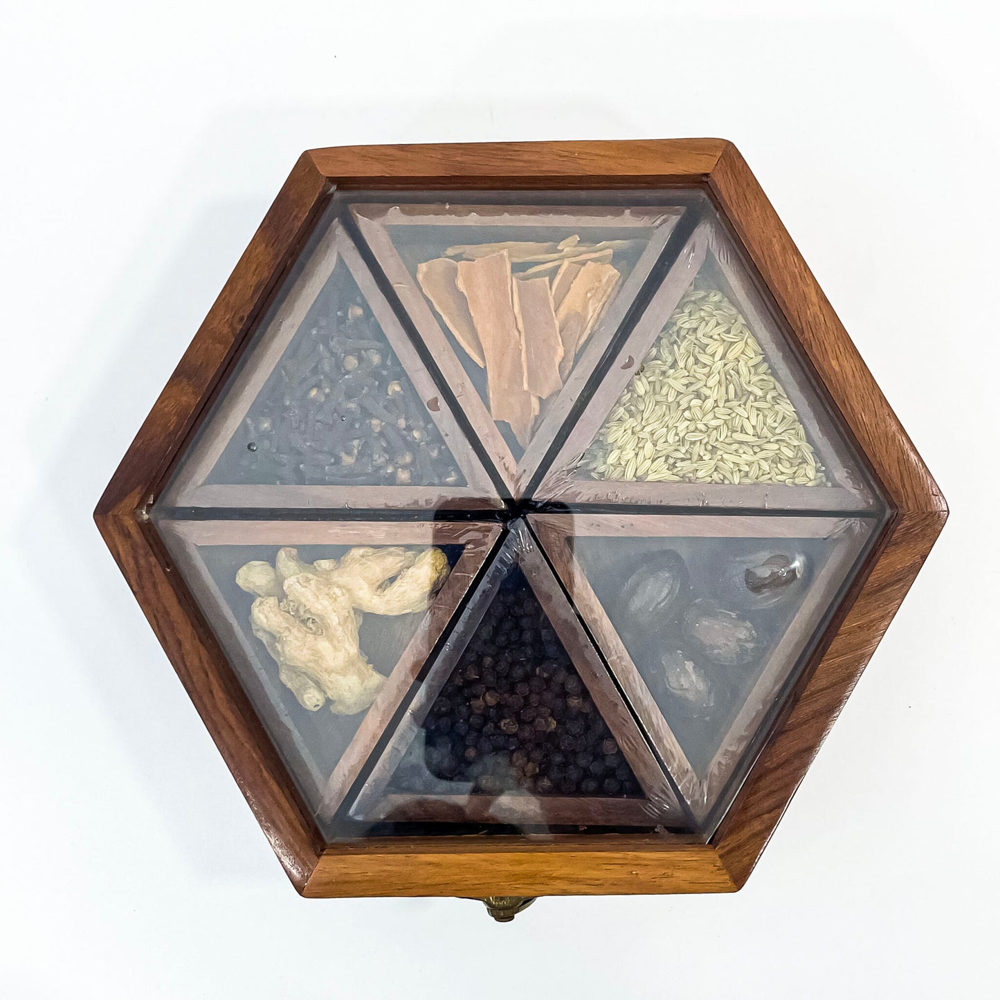 Handcrafted Hexagon Kerala Wooden Spice Box with 6 Compartments for Kitchen