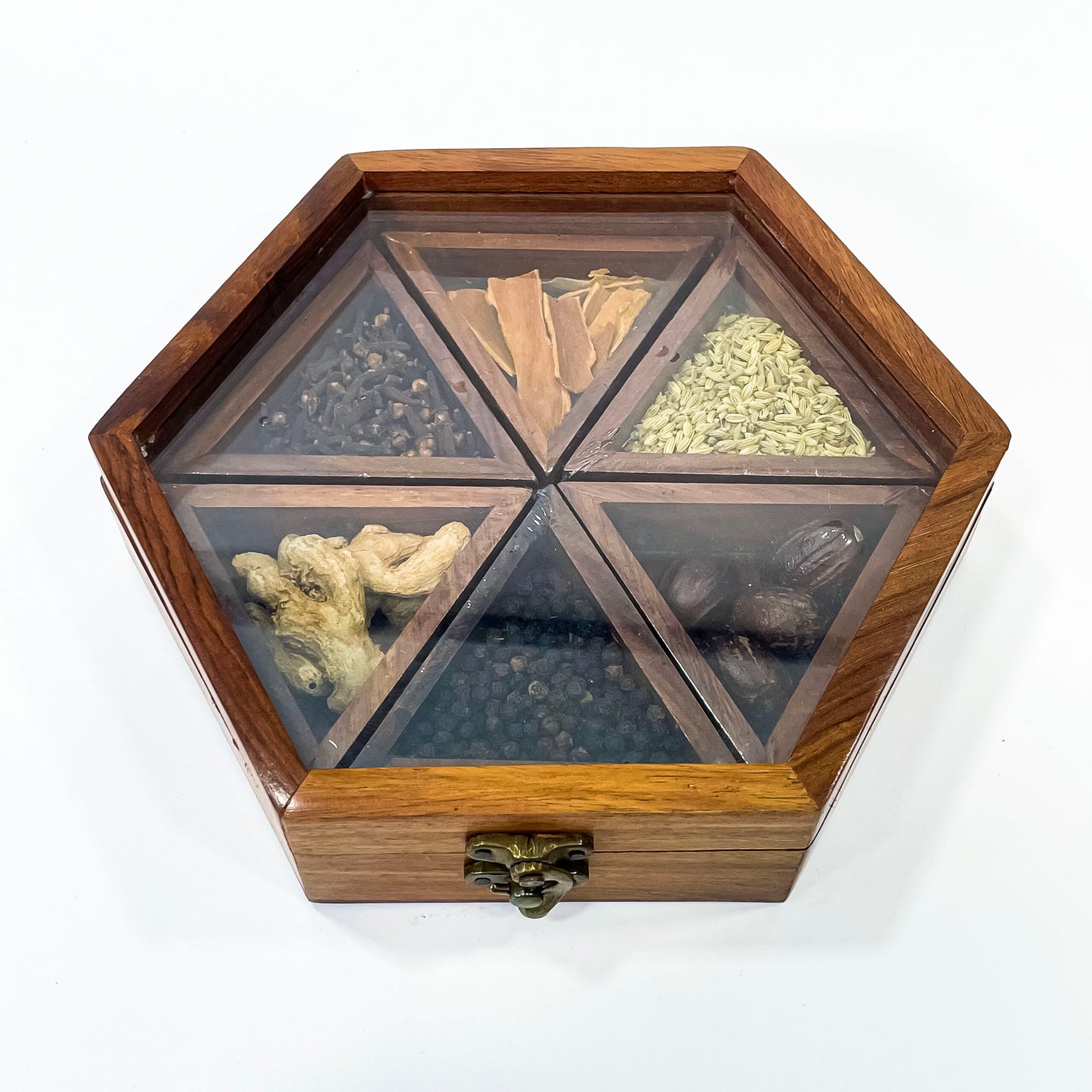 Handcrafted Hexagon Kerala Wooden Spice Box with 6 Compartments for Kitchen