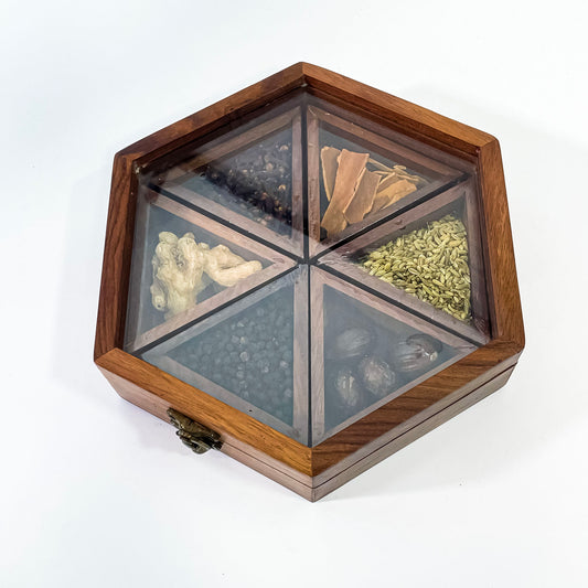 Handcrafted Hexagon Kerala Wooden Spice Box with 6 Compartments for Kitchen