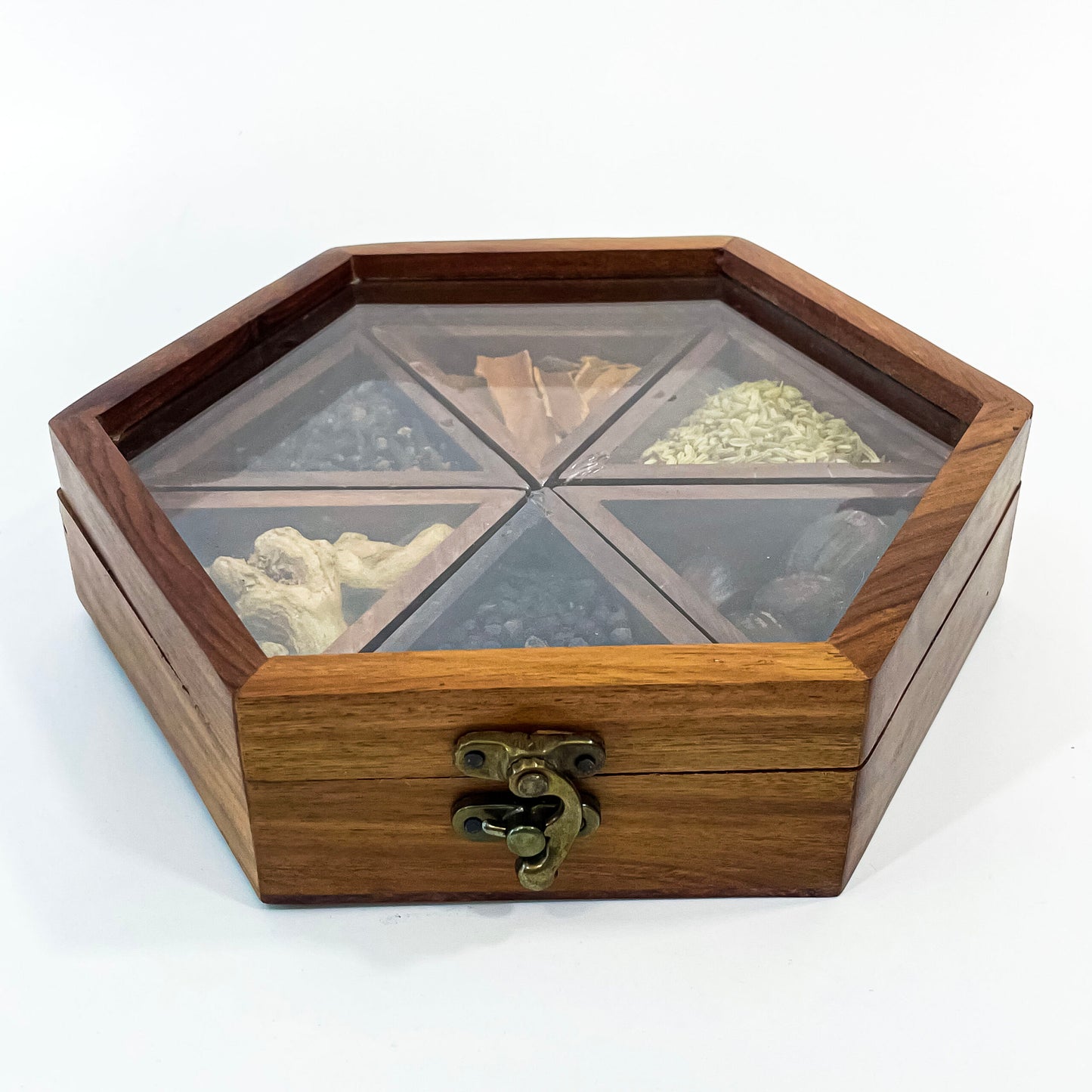 Handcrafted Hexagon Kerala Wooden Spice Box with 6 Compartments for Kitchen