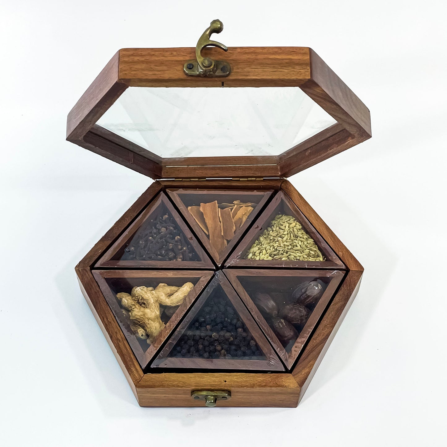 Handcrafted Hexagon Kerala Wooden Spice Box with 6 Compartments for Kitchen