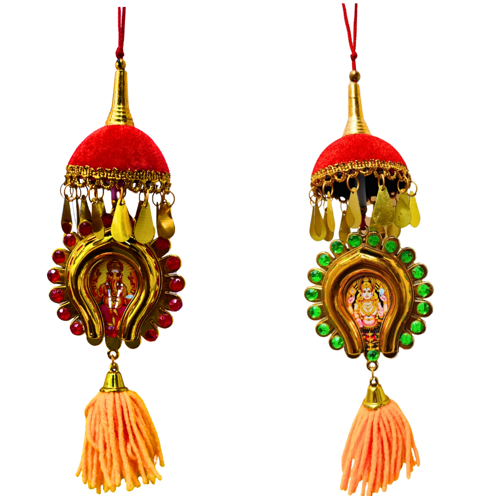 Double-Sided Oval Car Hanging Nettipattam – Sree Ganesh & Chottanikkara Devi | Handcrafted Kerala Rearview Charm (7 Inch)