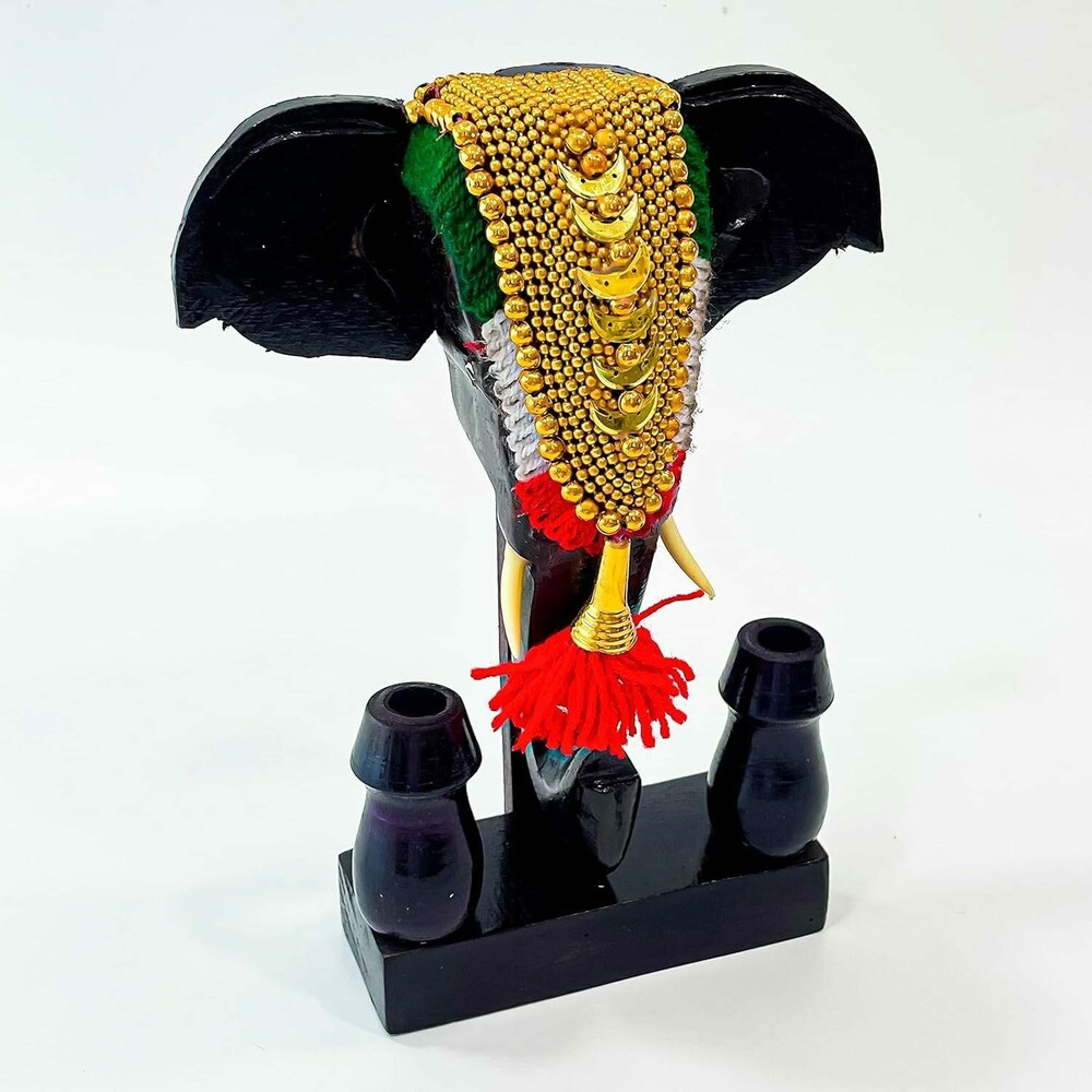 Handcrafted Mahogany Elephant Head Pen Holder with Nettipattom – 11 Inch | Kerala Traditional Decor