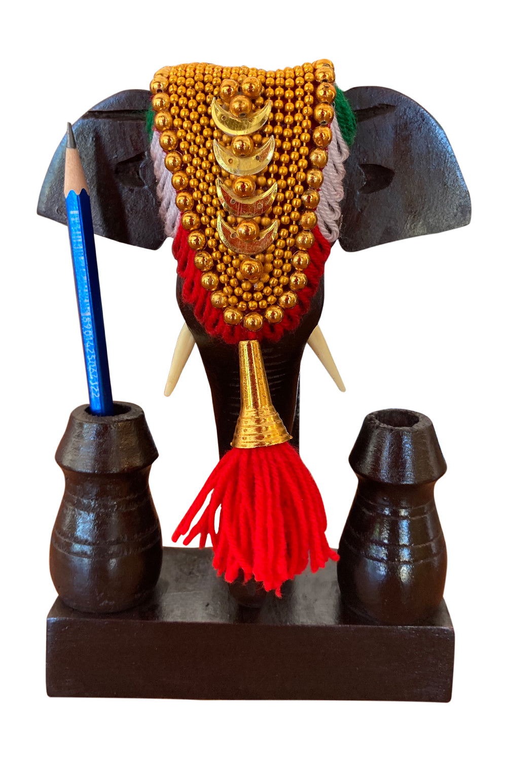 Handcrafted Mahogany Wood Elephant Head Nettipattom Pen Holder – 7 Inches | Kerala Traditional Desk Decor
