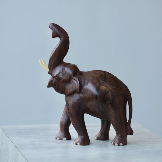 Handcrafted Rosewood Elephant Sculpture – Trunk Up (9 Inches) | Symbol of Prosperity & Grace