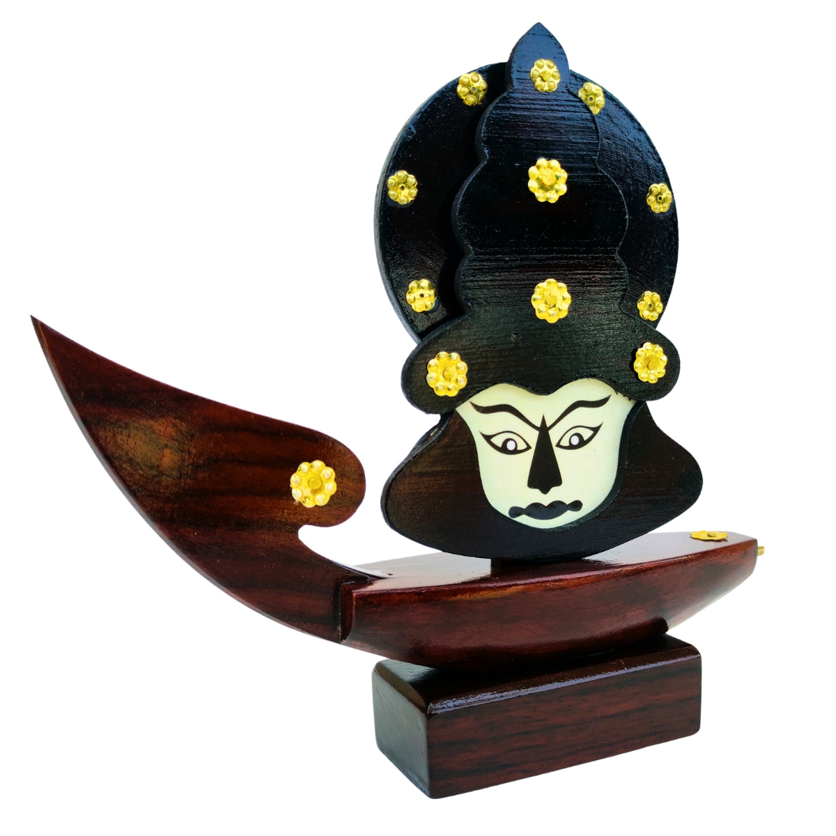 Wooden Kerala Traditional Chundan Boat Curio Miniature with Kathakali Face - 7.5 Inch Height