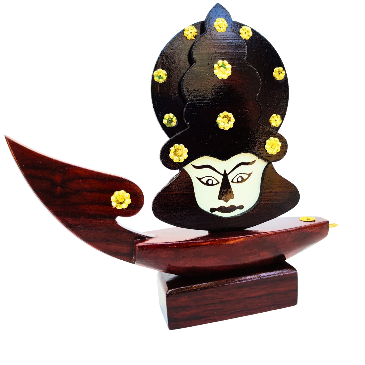 Wooden Kerala Traditional Chundan Boat Curio Miniature with Kathakali Face - 7.5 Inch Height