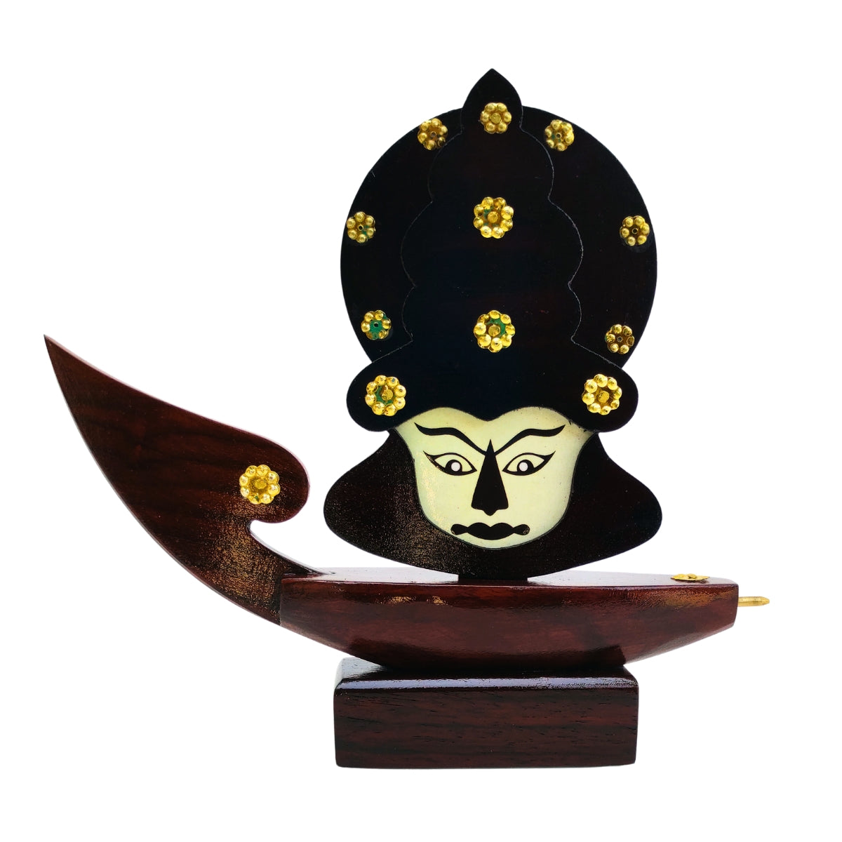 Wooden Kerala Traditional Chundan Boat Curio Miniature with Kathakali Face - 7.5 Inch Height