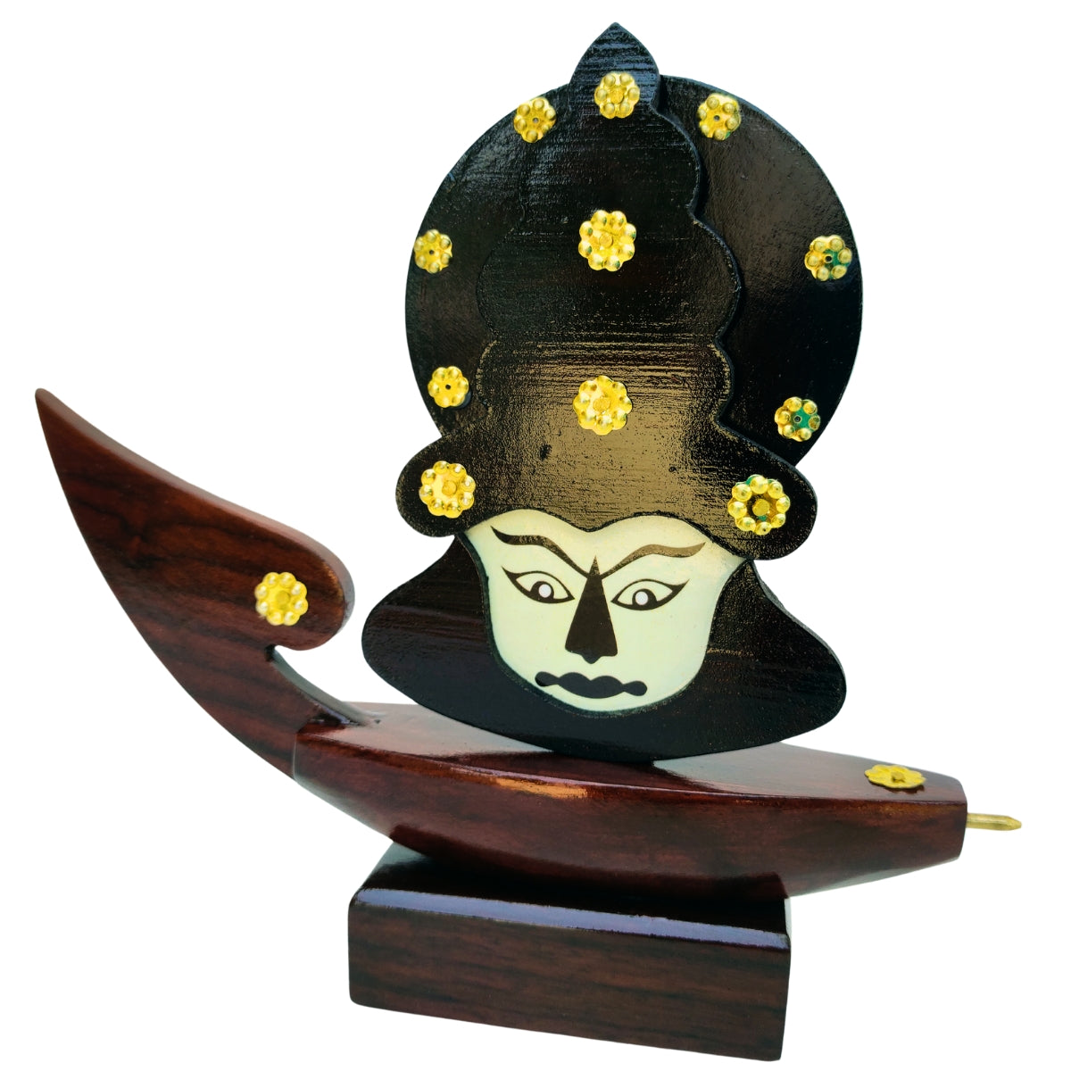 Wooden Kerala Traditional Chundan Boat Curio Miniature with Kathakali Face - 7.5 Inch Height