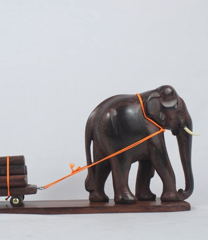 Mother and Calf Elephant Pulling Loaded Cart – Handcrafted Rosewood Figurine (12") Kerala handicrafts
