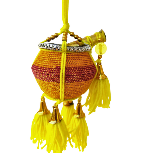 Miniature Uri Pot Car Hanging – Multicolor Maakhan Matki with Flute for home or car decor