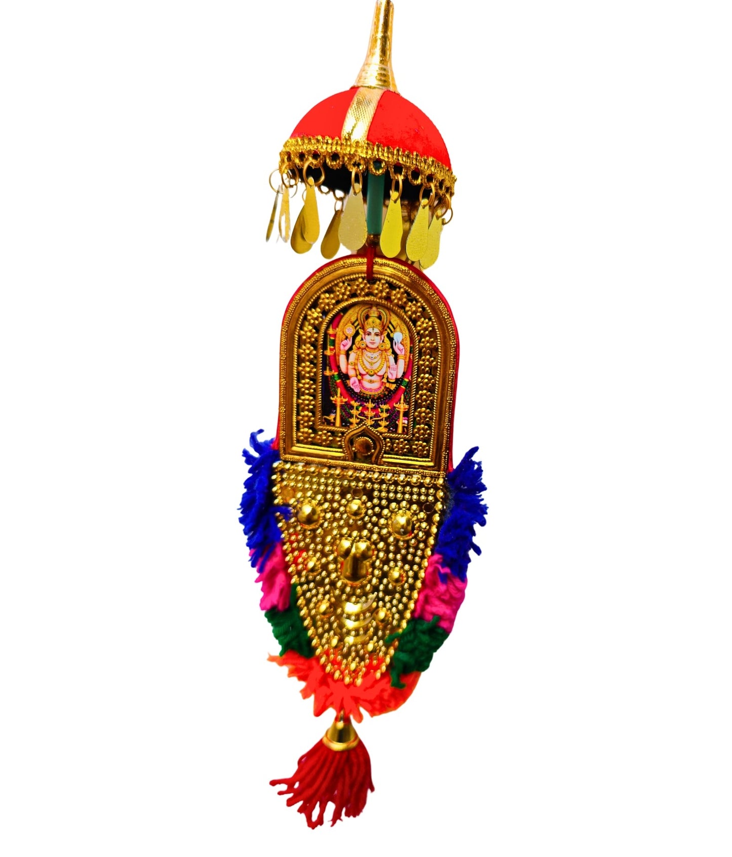 Double-Sided Car Hanging Nettipattam – Sree Ganesha & Chottanikkara Devi with Umbrella Decoration (7 Inches)