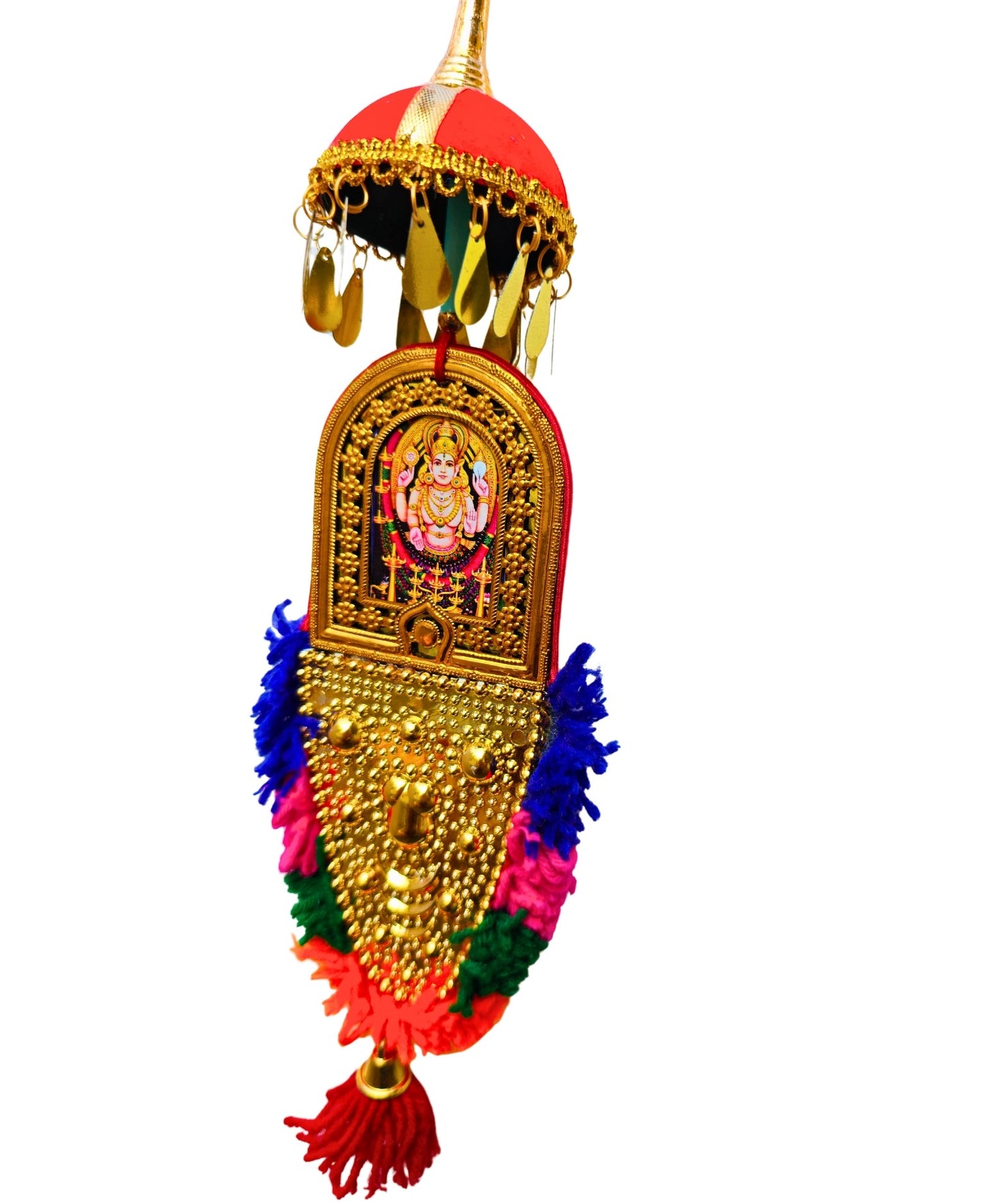 Double-Sided Car Hanging Nettipattam – Sree Ganesha & Chottanikkara Devi with Umbrella Decoration (7 Inches)