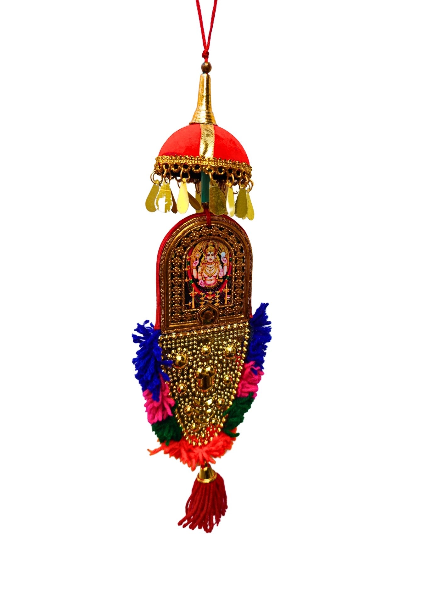 Double-Sided Car Hanging Nettipattam – Sree Ganesha & Chottanikkara Devi with Umbrella Decoration (7 Inches)