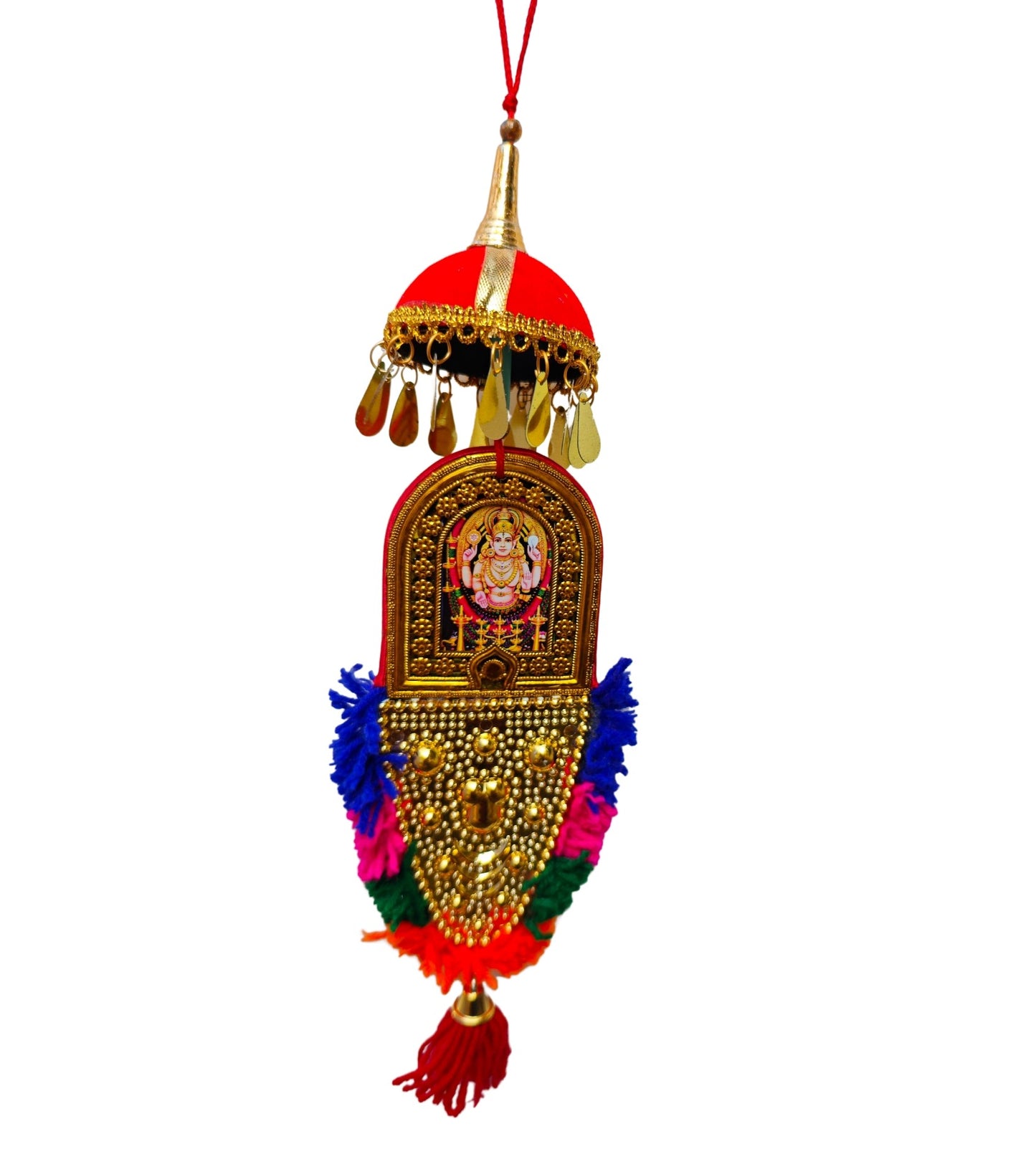 Double-Sided Car Hanging Nettipattam – Sree Ganesha & Chottanikkara Devi with Umbrella Decoration (7 Inches)
