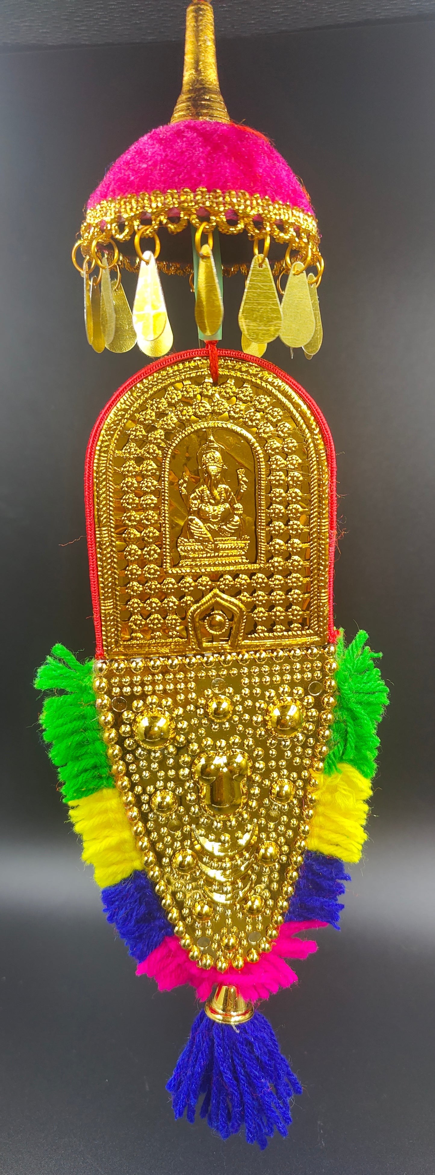 Car Hanging Nettipattam with Double-Sided Designs of Lord Ganesh and Goddess Lakshmi - 7 Inch