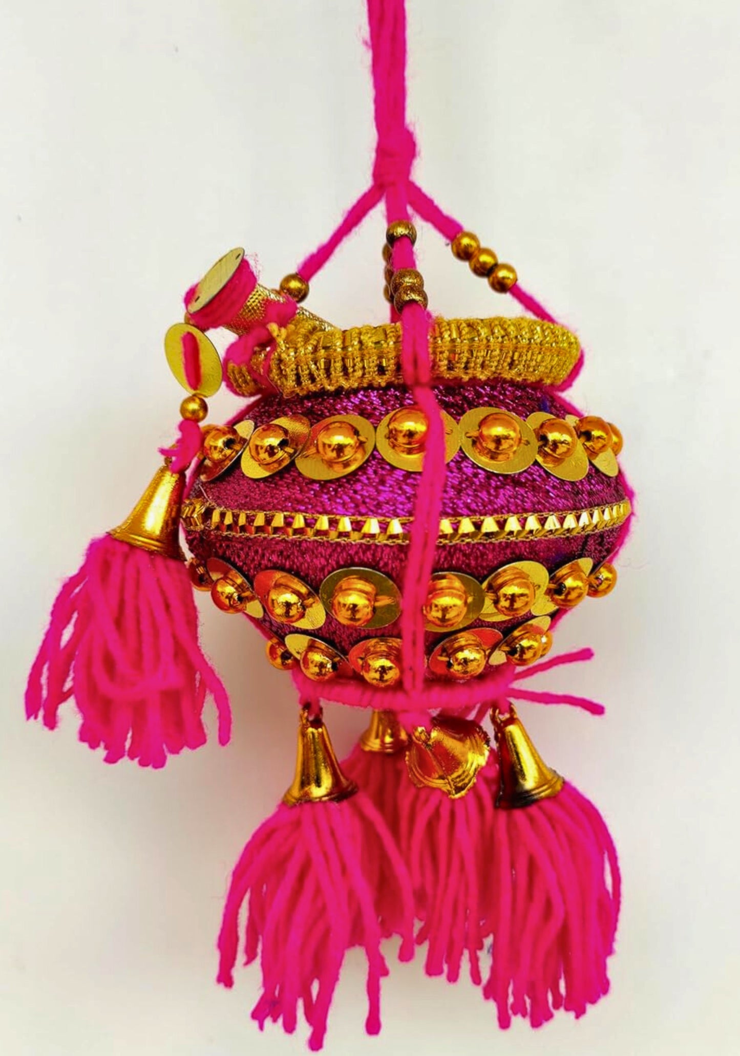 Krishna Milk Butter Pot Hanging – Magenta Maakhan Matki for Car or Home Décor