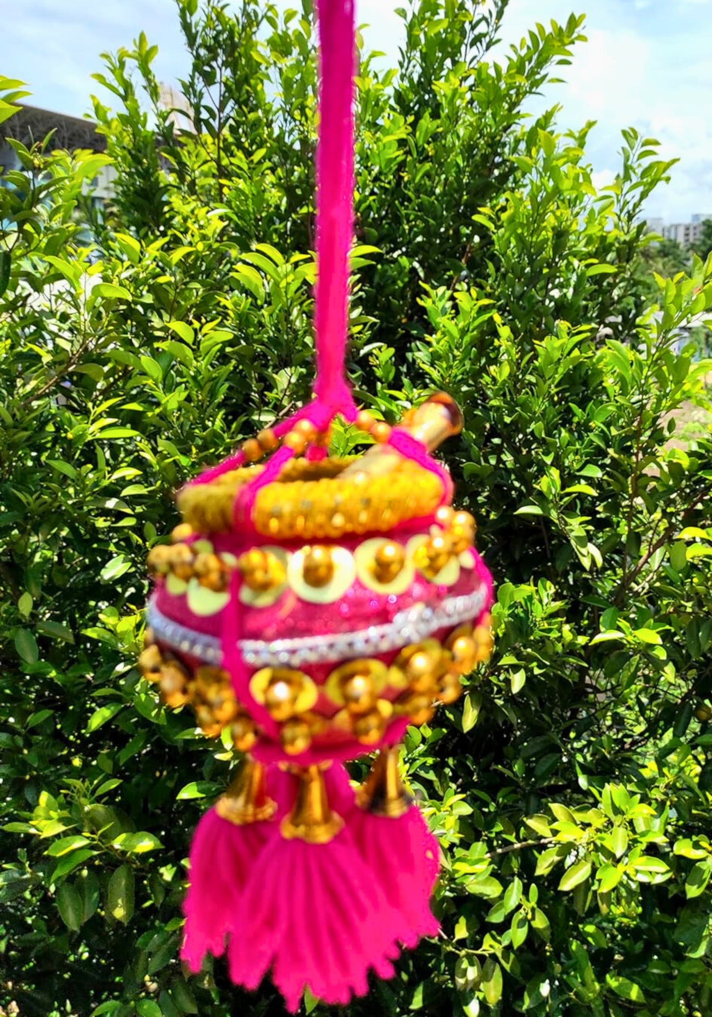 Krishna Milk Butter Pot Hanging – Magenta Maakhan Matki for Car or Home Décor