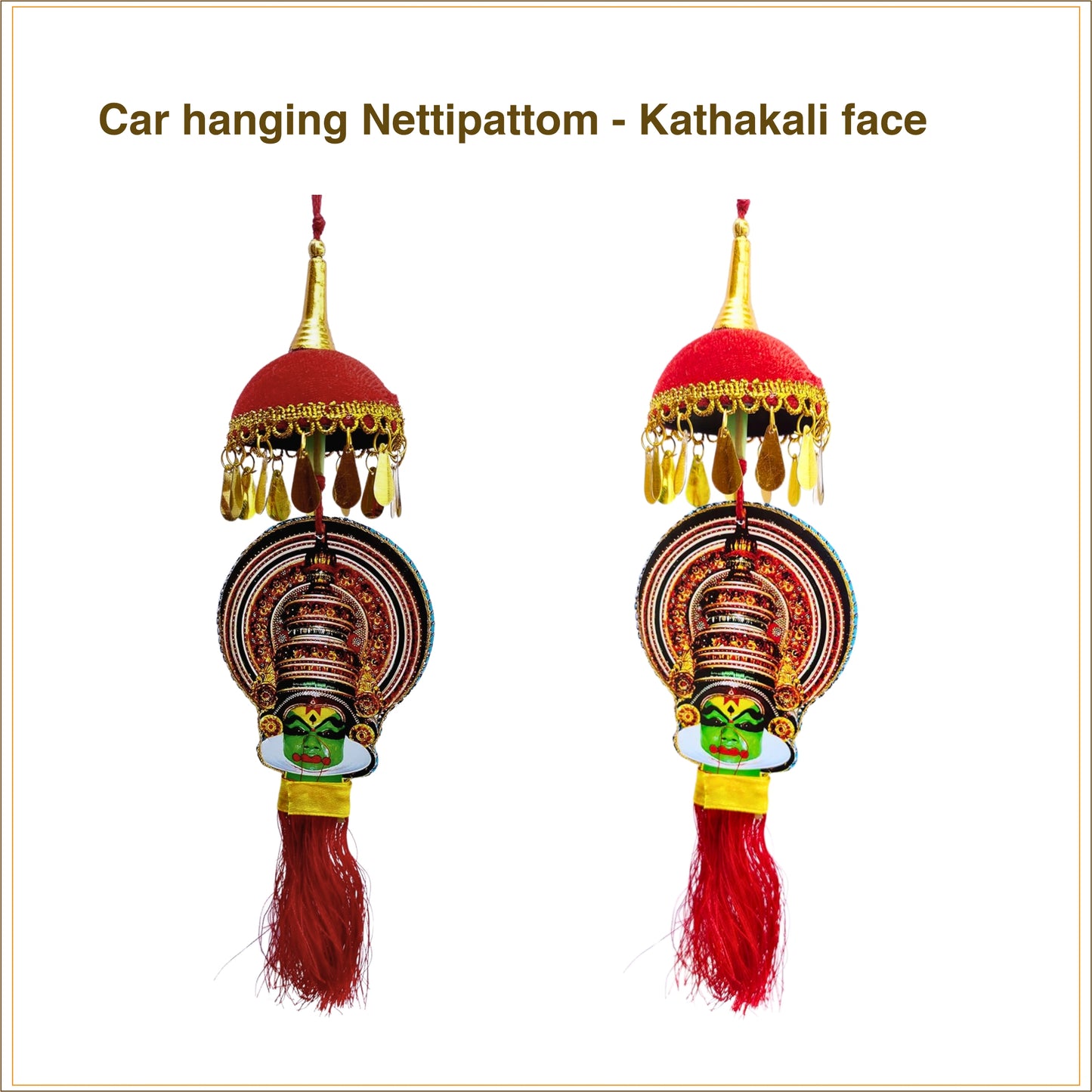 Car Hanging Ornament – Kathakali Faces on Both Sides with Miniature Umbrella and Artwork