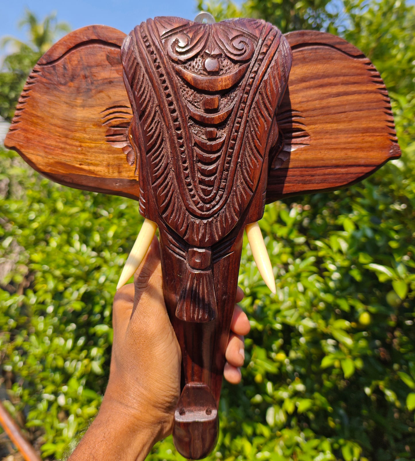 12-Inch Hand-Carved Kerala Elephant Head with Nettipattom | Rosewood Wall Décor- Kerala home decor