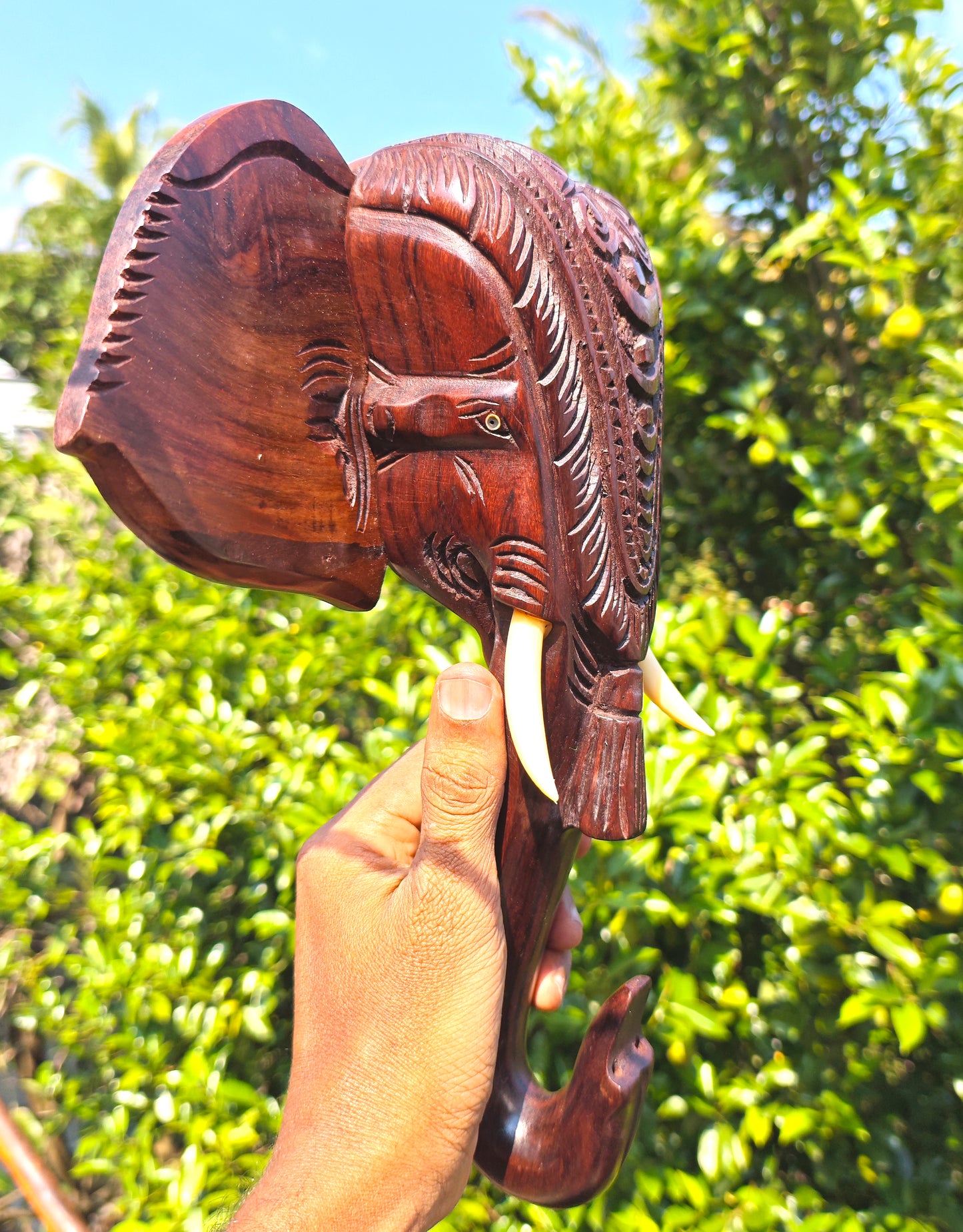 12-Inch Hand-Carved Kerala Elephant Head with Nettipattom | Rosewood Wall Décor- Kerala home decor