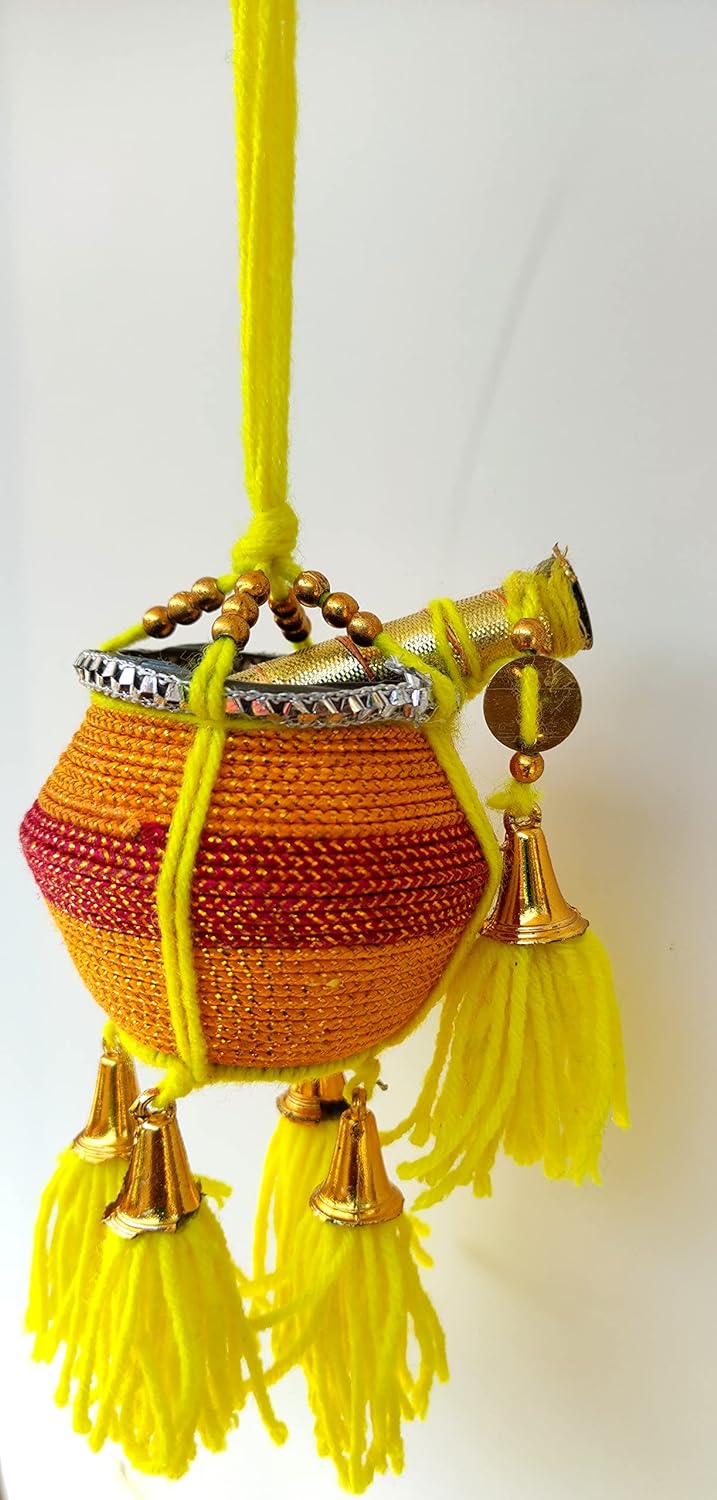 Miniature Uri Pot Car Hanging – Multicolor Maakhan Matki with Flute for home or car decor