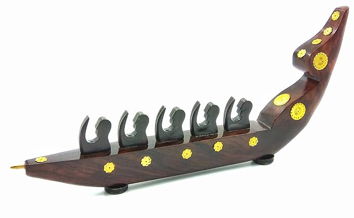 Rosewood Chundan Vallom Miniature with Five Rowers (Traditional Kerala Snake Boat)