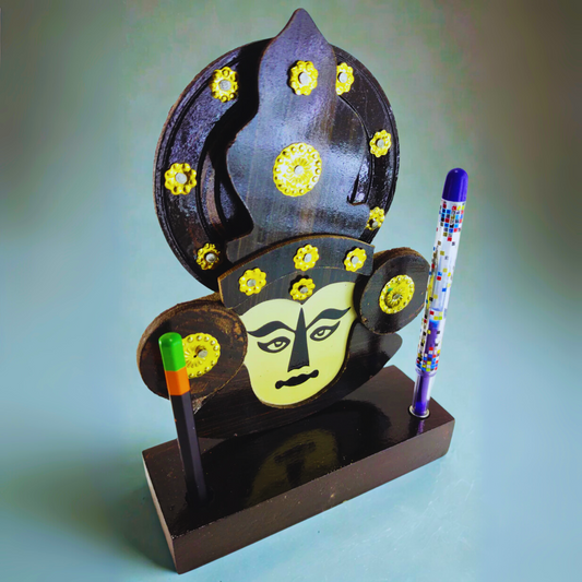 Handcrafted Wooden Kathakali Head with Pen Holder – 8 Inches | Traditional Desk Décor & Gift