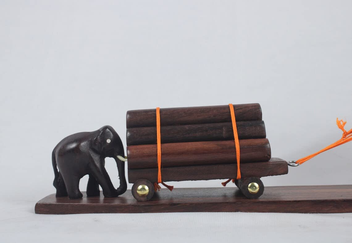 Elephant pulling a loaded wooden cart with a calf assisting from behind. Size: 12 inches.