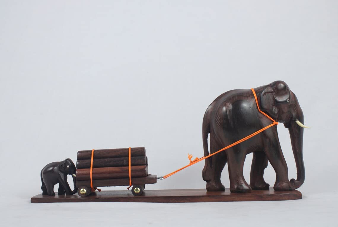 Elephant pulling a loaded wooden cart with a calf assisting from behind. Size: 12 inches.