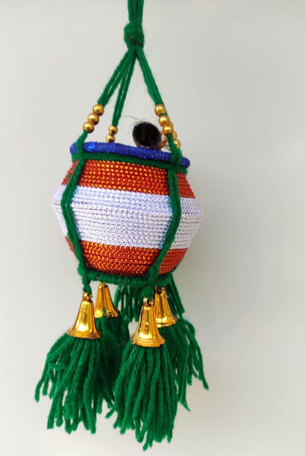 Miniature Uri Pot Car Hanging – Green & White Maakhan Matki with Flute