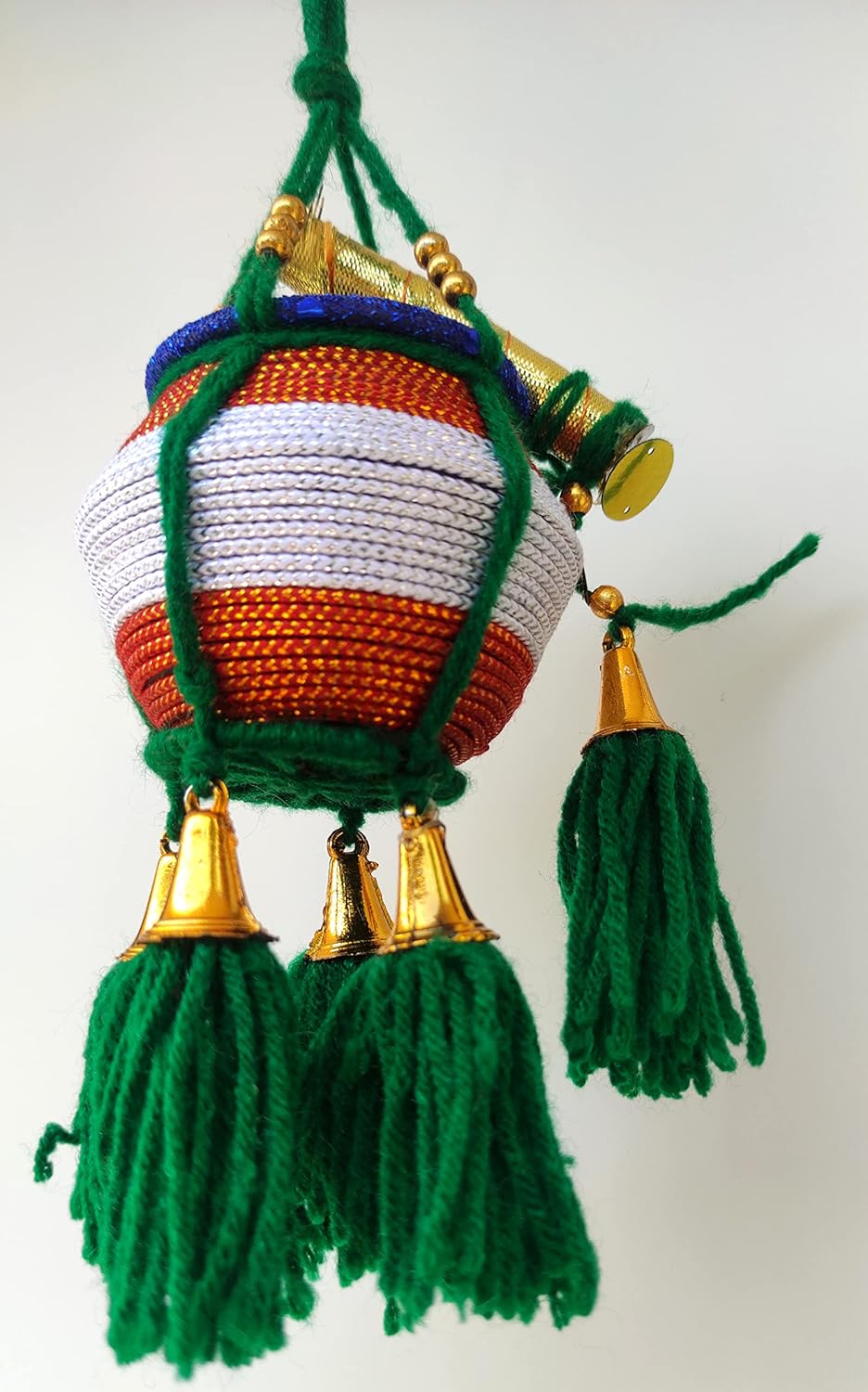 Miniature Uri Pot Car Hanging – Green & White Maakhan Matki with Flute