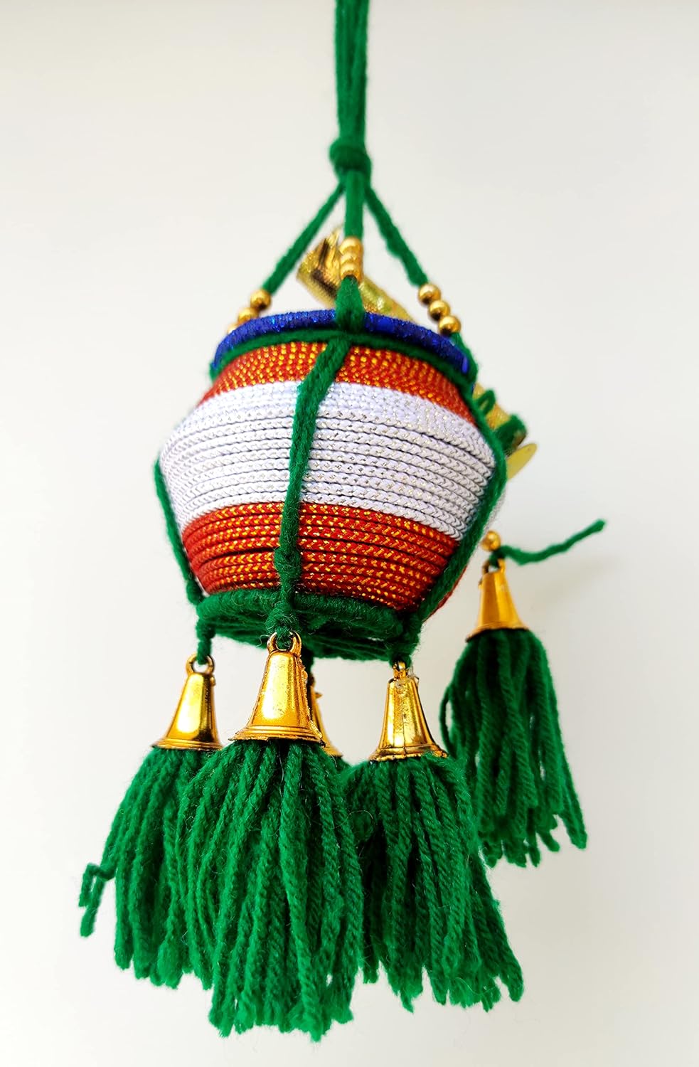 Miniature Uri Pot Car Hanging – Green & White Maakhan Matki with Flute