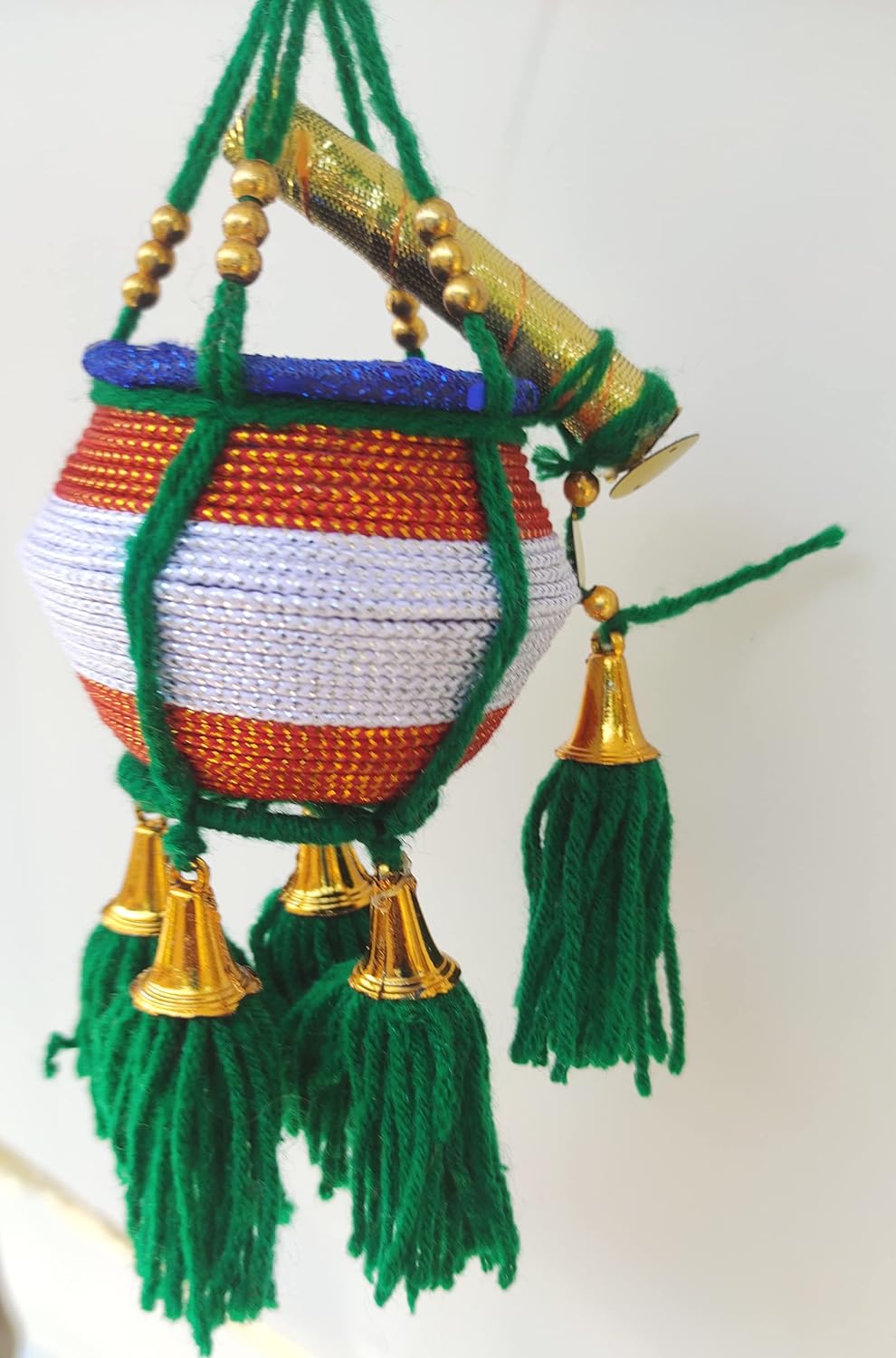 Miniature Uri Pot Car Hanging – Green & White Maakhan Matki with Flute