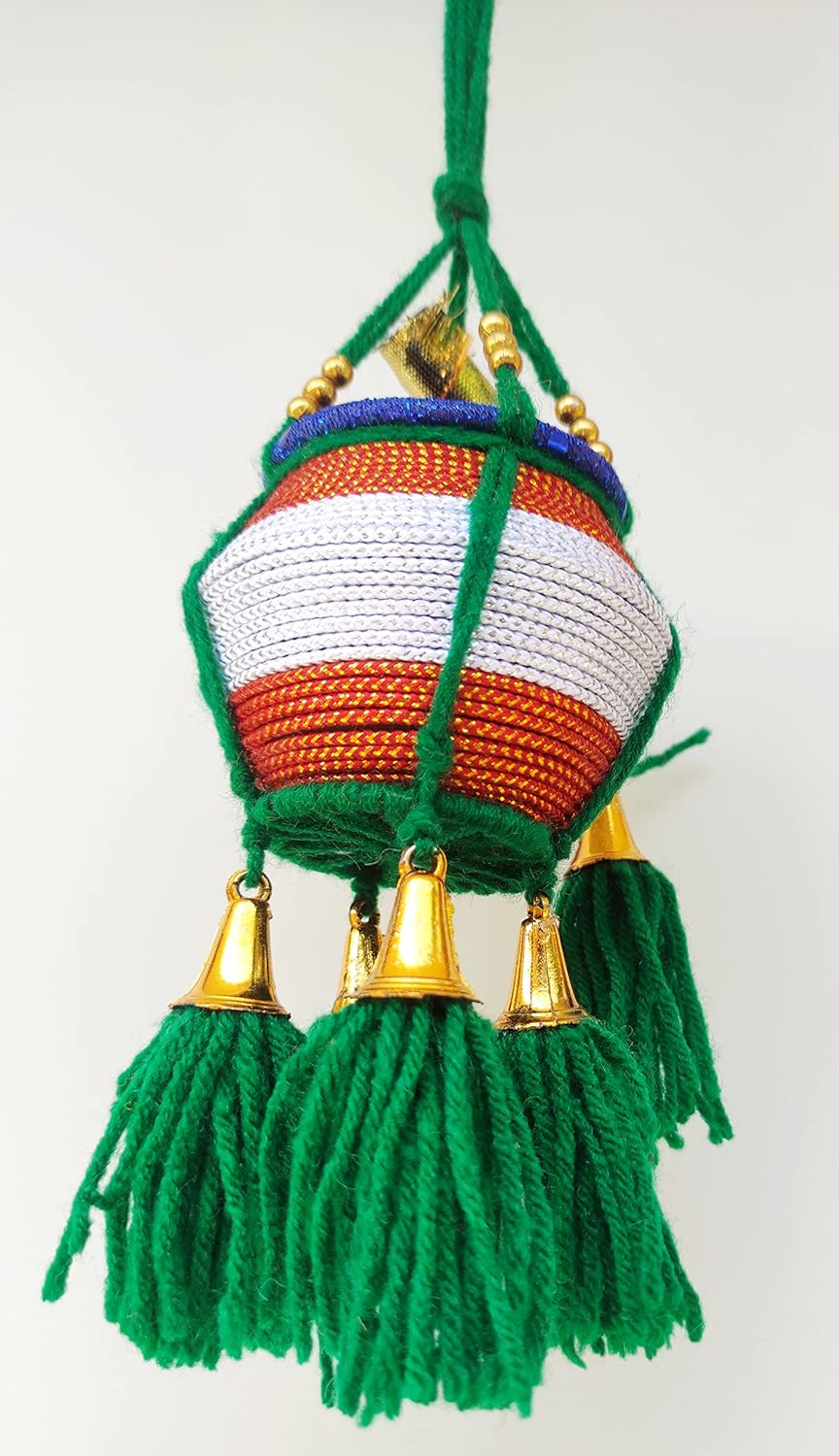 Miniature Uri Pot Car Hanging – Green & White Maakhan Matki with Flute