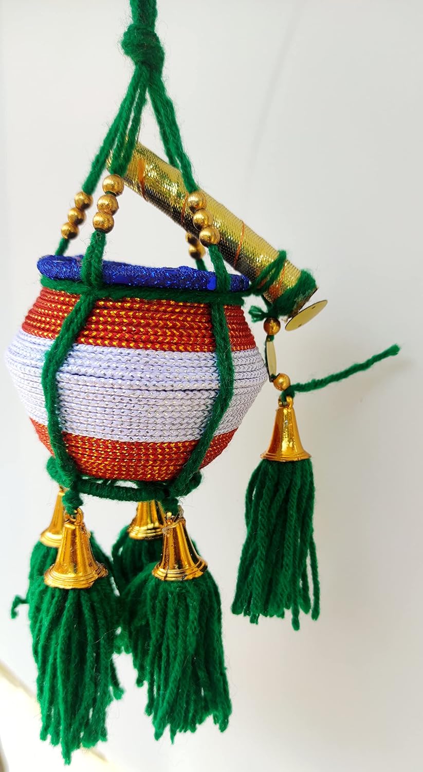 Miniature Uri Pot Car Hanging – Green & White Maakhan Matki with Flute