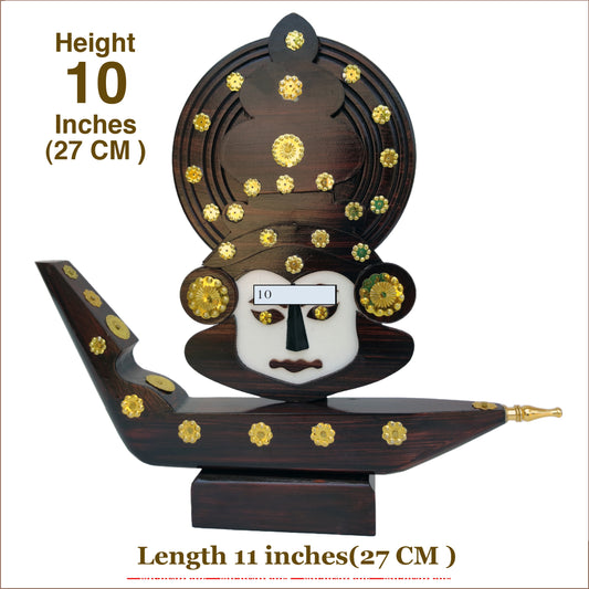 11.2-Inch Handcrafted Kerala Chundan Vallam with Kathakali Face – Wooden Decor Miniature