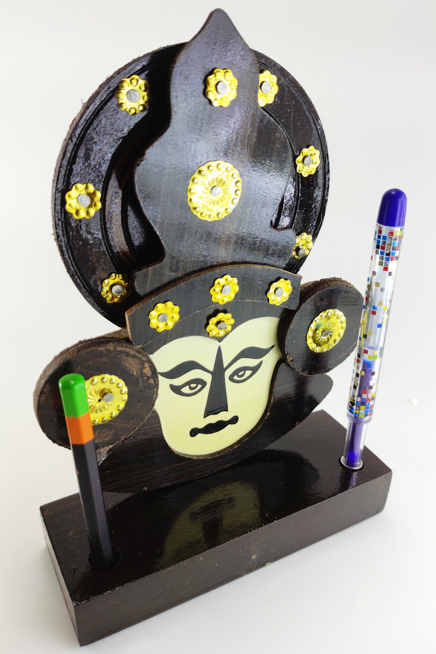 Handcrafted Wooden Kathakali Head with Pen Holder – 8 Inches | Traditional Desk Décor & Gift