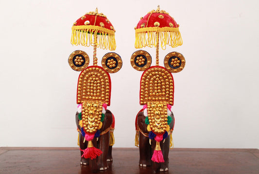 Festival Elephant Statue Pair - Indian/Kerala Home Decor Wooden Sculpture Set of 2 - Thrissur Pooram | Living Room, Garden, or Vintage Gift