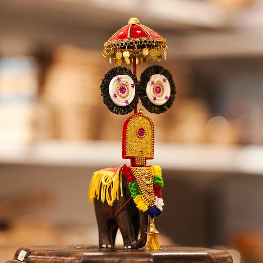 Handcrafted Wooden Festival Elephant with Nettipattam, Umbrella & Thidampu | Traditional Kerala Home Décor | 20" Height Including Umbrella