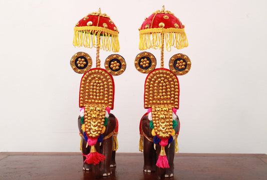 Festival Elephant Statue Pair – Handcrafted Wooden Kerala Decor (Set of 2) Ideal for Living Room, Garden Accents, or Cultural Gifting | Inspired by Thrissur Pooram