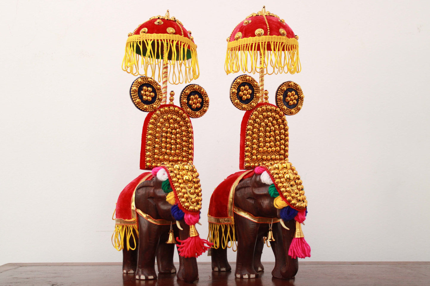 Festival Elephant Statue Pair – Handcrafted Wooden Kerala Decor (Set of 2) Ideal for Living Room, Garden Accents, or Cultural Gifting | Inspired by Thrissur Pooram