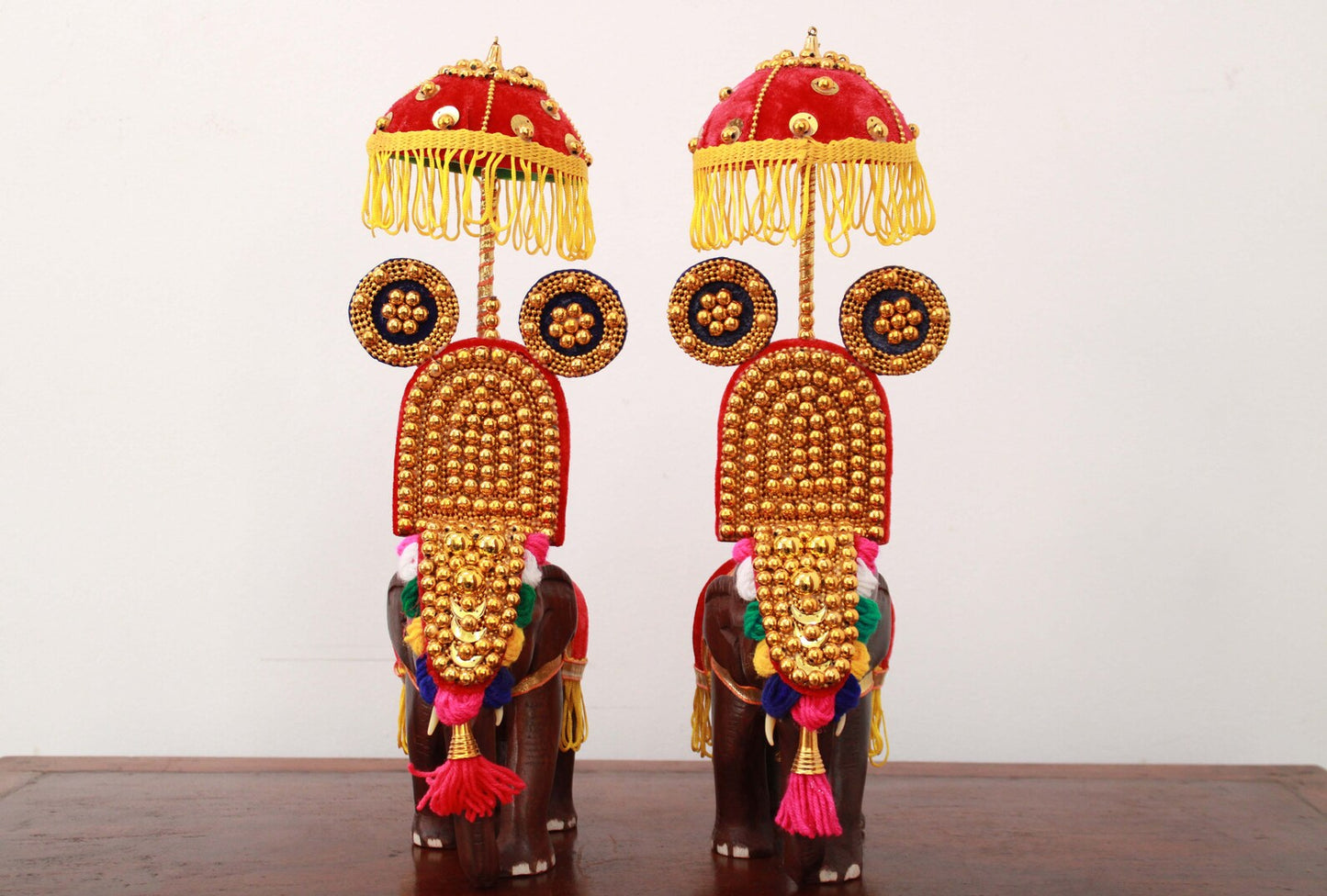 Festival Elephant Statue Pair – Handcrafted Wooden Kerala Decor (Set of 2) Ideal for Living Room, Garden Accents, or Cultural Gifting | Inspired by Thrissur Pooram