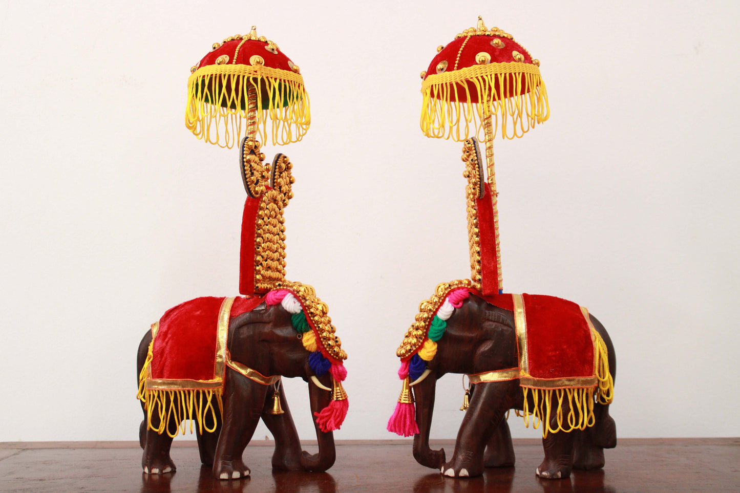 Festival Elephant Statue Pair – Handcrafted Wooden Kerala Decor (Set of 2) Ideal for Living Room, Garden Accents, or Cultural Gifting | Inspired by Thrissur Pooram