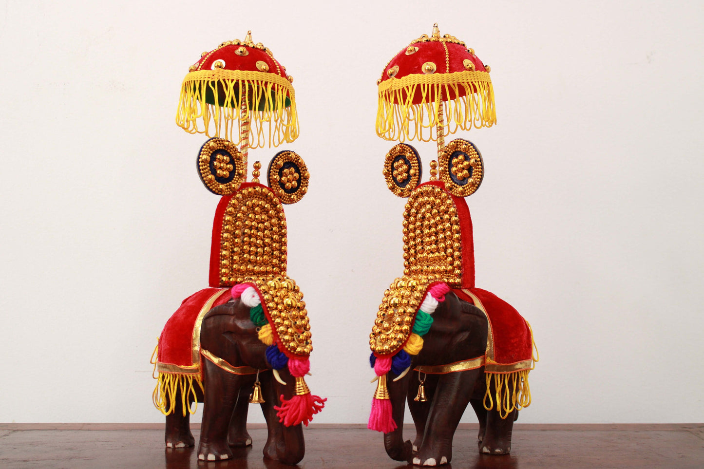 Festival Elephant Statue Pair – Handcrafted Wooden Kerala Decor (Set of 2) Ideal for Living Room, Garden Accents, or Cultural Gifting | Inspired by Thrissur Pooram