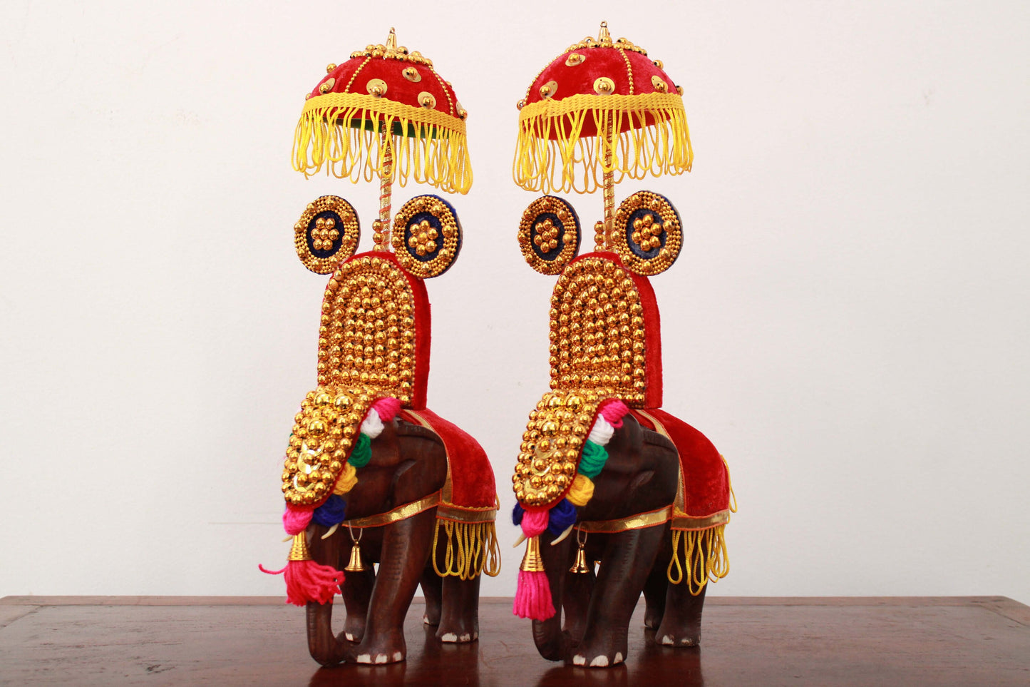 Festival Elephant Statue Pair – Handcrafted Wooden Kerala Decor (Set of 2) Ideal for Living Room, Garden Accents, or Cultural Gifting | Inspired by Thrissur Pooram