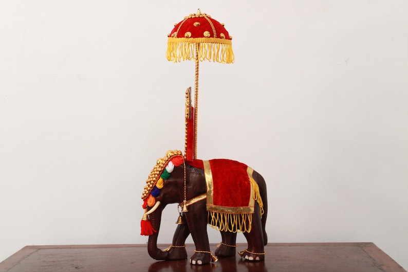 Handcrafted Wooden Festival Elephant with Nettipattam, Umbrella & Thidampu | Traditional Kerala Home Décor | 20" Height Including Umbrella