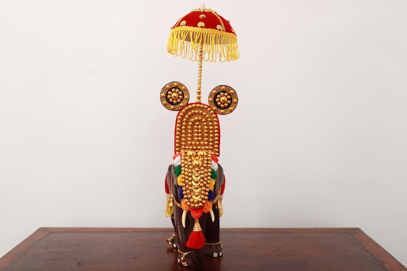 Handcrafted Wooden Festival Elephant with Nettipattam, Umbrella & Thidampu | Traditional Kerala Home Décor | 20" Height Including Umbrella
